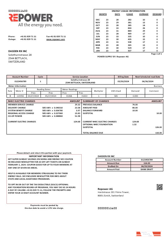 Switzerland Repower AG business utility bill template, fully editable in Word and PDF formats